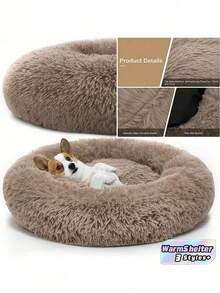1 pieza Cama de lujo de peluche en forma de donut para mascotas, adecuada para perros y gatos pequeños y medianos, súper suave y lavable, cojín redondo con base antideslizante, perfecta para dormir cálidamente en invierno - Gris - Ver 1