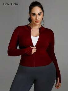 Plus Size Women Full Zip Sports Jacket, Solid Color Slim Fit High Elasticity With Thumb Hole, Suitable For Commuting, Yoga, All-Day Wear - Red - View 10