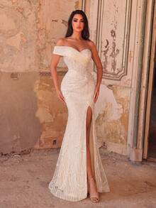 Faeriesty Elegant Women's Strapless Long Formal Mermaid Evening Gown With Beaded Sequins And Slit, Perfect Party Dress Wedding Fall - Apricot - View 4