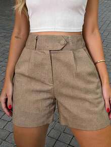 Buzzelle Women's Summer New Casual Daily Commute Simple Solid Color High Waist Slimming A-Line Slit Pocket Shorts - Khaki - View 1