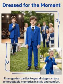 3-10岁男童四件套西装，幼儿燕尾服正式套装，包括外套、马甲、裤子、领带，浅灰色 - 寶藍色 - 查看 8