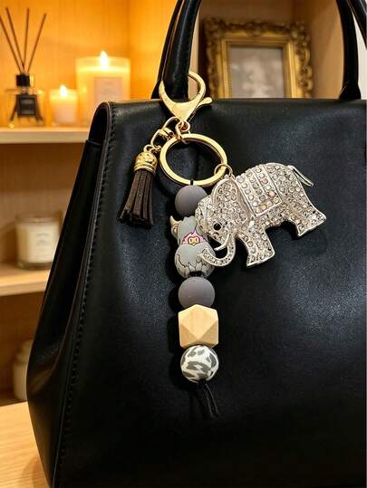 Alloy Elephant Animal Keychain, Rhinestone Inlaid Elephant Keychain, Alloy Keychain, Beach Bag Charm, Realistic Animal Creative Pendant, Decorative Backpack Accessory, Car Key Anti-Loss Chain, Silicone Bead String, Fashionista Essential, Unique Birthday Gift, Holiday Gift, Party Gift, Mother's Day Gift, Vacation Gift, Wedding Gift, Back To School Gift, Perfect Choice For Mother's Day, Graduation Season, Back To School Season, Teacher's Day, Easter, Christmas