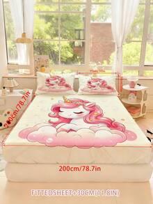 2/3PCS Cute Pink Unicorn Bedding Set For Girls Kids, Cartoon Unicorn On Cloud Print Fitted Sheet & Pillowcases, Magical Fantasy Themed Bed Set For Children, Teenagers, Adults, Boys And Girls Bedroom (Twin/Full/Queen/King Size) - Multicolor - View 13