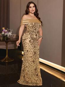 XUIBOL Elegant Women's Off-Shoulder Gold Sequin Mermaid Formal Gown, Charming Long Party Dress With Zipper Detail - Champagne - View 8