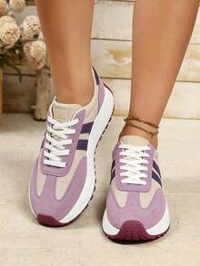 Women's White Casual Sneakers, Low-Top, Lightweight, Non-Slip, Wear-Resistant, Low Heel, Round Toe, Breathable, Lace-Up, Suitable For Outdoor Sports, - 紫色 - 查看 4