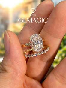 2 piezas Juego de anillos ovalados de plata esterlina 925 de 2 quilates, anillo elegante para dama, adecuado para citas, fiestas, aniversarios, regalo de joyería exquisita para mujeres - conjunto de anillos - Ver 2