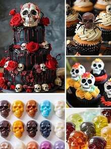 50/100 Cavity Skull Mold, Multi-Grid 3D Skull Shape, Red And Black Dual-Color Silicone Tray, Mold Matching Silicone Dropper Set, Multi-Functional High-Temperature Resistant Non-Stick Easy Release Easy Clean Reusable Chocolate, Cake, Soap And Ice Cube Mold, Suitable For Making Cakes, Candies, Soaps, Jellies, Puddings And Party Snacks - Multicolor - View 10