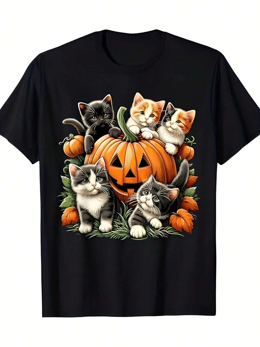 gato y calabaza de Halloween, moderna y cómoda, de algodón, cuello redondo, negra, 220g, corte regular, manga corta, lavable a máquina, ropa casual, ideal para viajes, ligeramente elástica. - Negro - Ver 1