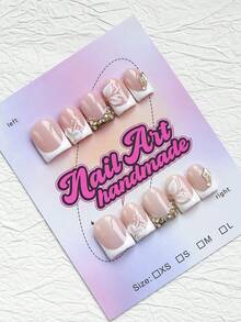 10pcs Handmade Square Shaped False Nails, Nude And White Y2K French Style, Hand-Painted Leaf 3D Flower And Gold Chain Design, Suitable For Party, Wedding, Daily Wear, Comes With Tool Set, Perfect Gift For Women And Girls Handmade Press On Nails - White - View 2