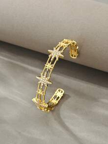 18k Gold-Tone Bracelet Set, Versatile Textured Copper With Zirconia Inlay, Suitable For Daily Wear, Gatherings, Dates, Parties, Gifts - Gold - View 2