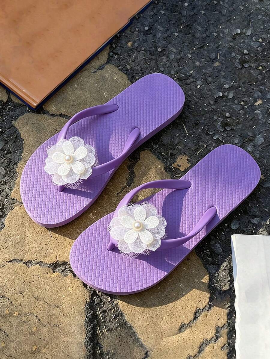 夏季經典時尚夾腳拖鞋，白色仿珍珠花朵時尚純色平底夾腳拖，女款時尚戶外拖鞋 - 黃色 - 查看 1