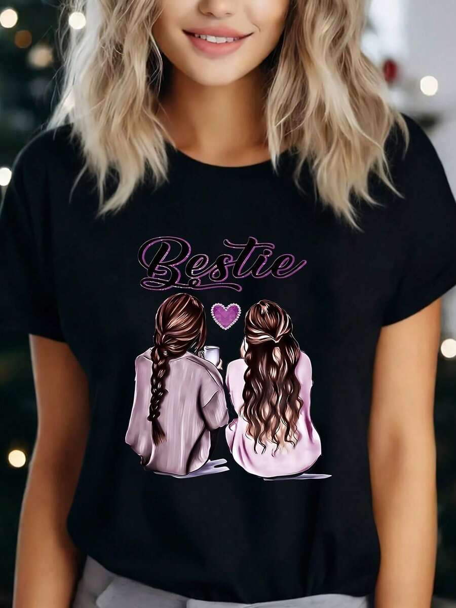 blusas para dama casuales Camiseta Bestie 1 Pieza para Mujer, Talla Grande, Divertida, con Estampado Gráfico, Manga Corta, 100% Poliéster, Camiseta Novedosa de 220g,  gym y2k mexico - Negro - Ver 1