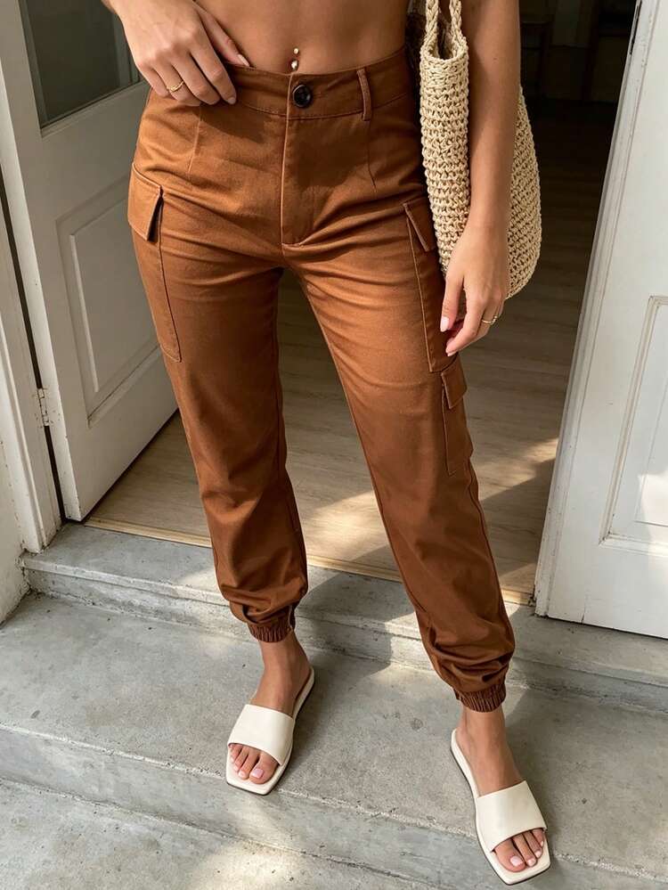 Casual Solid Color Contrast Pocket Cuffed Cargo Pants - Brown - View 5