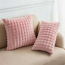 2Pcs Luxury 3D Bubble Grid Faux Rabbit Fur Throw Pillow Covers, Ultra Soft Fluffy Plush Square Cushion Cases Hidden Zipper Design, Decorative Pillowcases For Sofa Couch Bed Car Farmhouse Home Decor, Assorted Sizes 17x17inch And 12x20inch - Pink - View 1