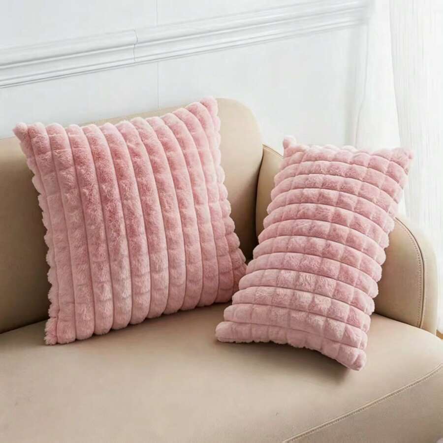 2Pcs Luxury 3D Bubble Grid Faux Rabbit Fur Throw Pillow Covers, Ultra Soft Fluffy Plush Square Cushion Cases Hidden Zipper Design, Decorative Pillowcases For Sofa Couch Bed Car Farmhouse Home Decor, Assorted Sizes 17x17inch And 12x20inch - Pink - View 1