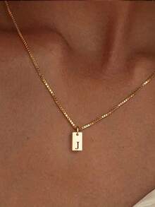 1pc Fashionable Stainless Steel Rectangular 26 Letter Pendant Necklace For Women, Suitable For Daily Wear, Birthday Gift - Yellow Gold - View 30