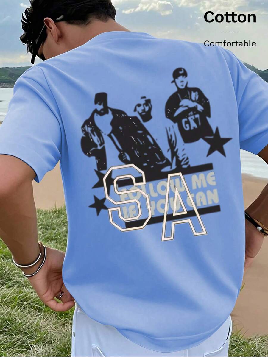 T 100% Mens Pure Color Round Neck Short Sleeve Loose T-Shirt, 100% Cotton Top, Spring And Summer Casual Wear, Hip-Hop Style Street Art Print, Slim Fit, Perfect For Beach, Vacation, And Chic Outings Beach Graduation Vacation Country Chic Polka Dot - Light Blue - View 1