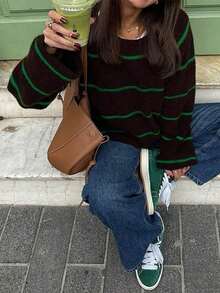 Women Retro Color Block Striped Knit Sweater, Loose Drop Shoulder Long Sleeve Pullover, Casual Slouchy Fit Fall Winter Daily Wear Top Vacation - Multicolor - View 4