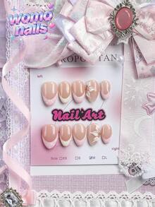 10pcs Handmade Almond-Shaped Classic French Pressed Flower False Nails, Sweet Nude Pink And White Polka Dot, Handmade 3D White Flower Decoration, Suitable For Party, Dance, Daily Wear, Comes With Tool Set, Perfect Gift For Women And Girls - Pink - View 4