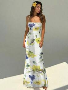 Elegant Women's Dress With Floral Print And Open Back, Summer Clothes, Beach Outfits For Women, Beach Vacation Clothes, Party Outfits, Bridesmaids - 青檸色 - 查看 5