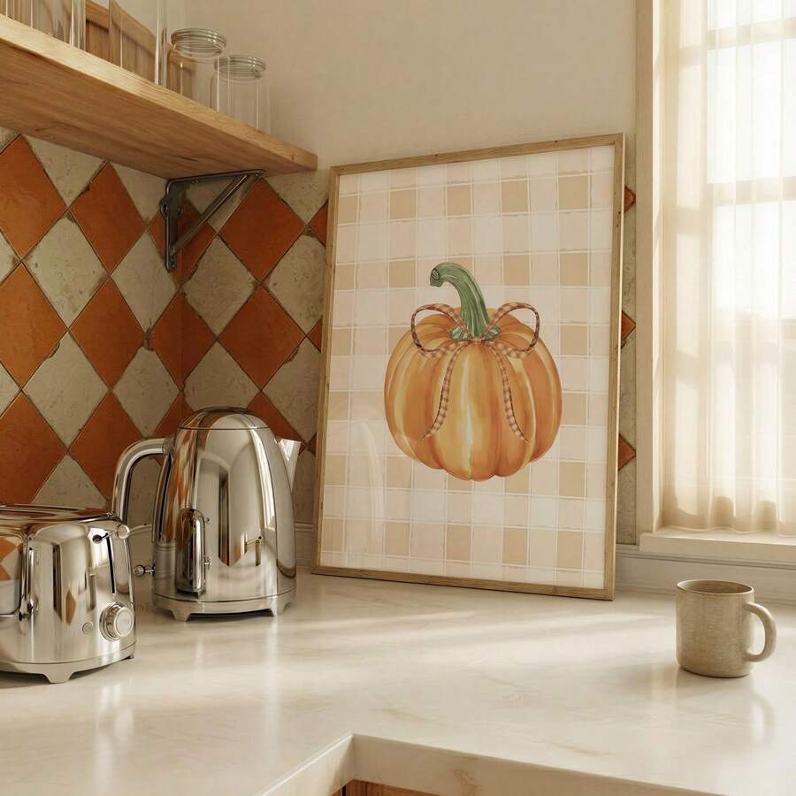 1pc Frameless Watercolor Pumpkin With Bow Plaid Fall Cozy Autumn Wall Art Poster Print For Apartment Living Room Bedroom Dorm Party Decor, Room Decor, Prints For Wall - Frameless - View 1