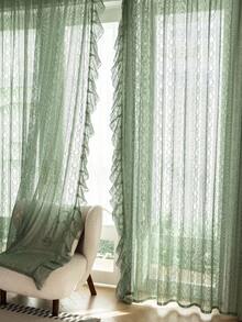 1pc Green Bohemian Style Hollow Square Lattice Ruffle Tassel Broom Lace Rod Pocket Home Decor Sheer Curtain, Modern Simple Fashion Rod Pocket Decorative Thermal Insulated Blackout Curtain, Available All Seasons - Green - View 6