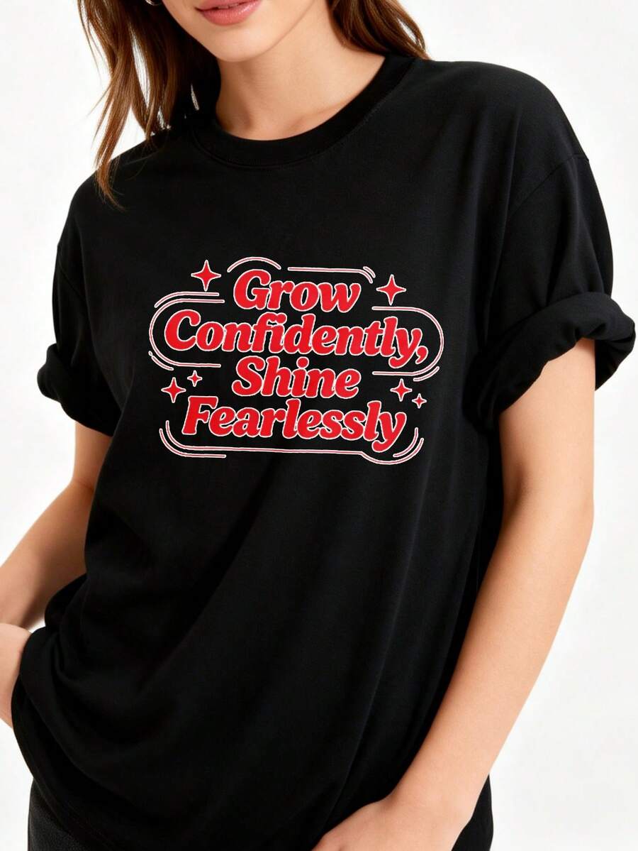 Best-Selling Women's T-Shirt: Casual And  Loose-Fitting Crew Neck T-Shirt. Grow With Confidence, Shine Without Fear. Inspirational Quotes. Summer Clothing. Gift For Her - 黑色 - 查看 1