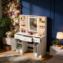 Large LED Mirror Dressing Table 3 Light Modes 2 Cabinets With Stool Vanity Set - Vanity Set Make Up Dressing Table Dresser Desk With Stool With LED Lighted Mirror - Vanity Makeup Desk Large Dressing Table With LED Bulbs Mirror 3 Drawers With Stool - - White - View 3
