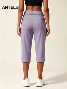 AHTELB Women's Summer Casual 3/4 Length Pants, Ice Silk Quick-Dry Breathable, Elastic Waist Drawstring Design Sports - Purple - View 2