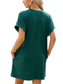 TEMOFON Vestido Camiseta para Mujer, Verano, Manga Corta, Holgado, con Bolsillo, Vestido Casual, Vestido de Verano a la Moda, Color Sólido Negro, Talla XL - Verde - Ver 6