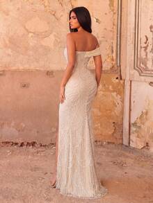 Faeriesty Elegant Women's Strapless Long Formal Mermaid Evening Gown With Beaded Sequins And Slit, Perfect Party Dress Wedding Fall - Apricot - View 2