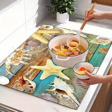 1 pieza Tapete de encimera de cocina con tema oceánico, estampado de estrella de mar y concha, de tierra de diatomeas, altamente absorbente, adecuado para vajilla, cafetera, microondas, etc. Diseño de acuarela de moda, opción ideal para cocina moderna. - Multicolor - Ver 3