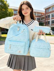 3-Piece Set - Back To School Bow Print Backpack Set, Large Capacity Nylon School Day Bag, With Lunch Bag And Pencil Case, Multi-Pocket Casual Backpack, Lightweight Bookbag, Suitable For Students/Graduates/Young People, Perfect For Back To School/Daily/Shopping/Short Trips And Outdoor Leisure Activities - Multicolor - View 7