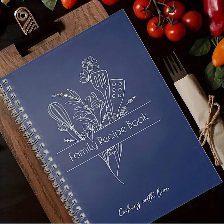 1Pc A5 Spiral Recipe Journal, Dark Blue Family Recipe Book Cover Notebook, Portable Lined Cooking Writing Notepad, Minimal Farmhouse Kitchen Decor Planner, Home Chef Supplies, Food Lover Travel Recipe Notebook & Housewarming Reward Stationery - Dark Blue - View 1