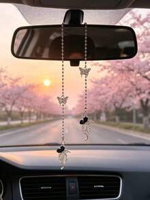 1pc Fairy Style Flash Diamond Butterfly Mosaic Car Ornaments Pink Diamond Bead Chain Car Rearview Mirror High Sense Decoration - Butterfly Flowers - View 4