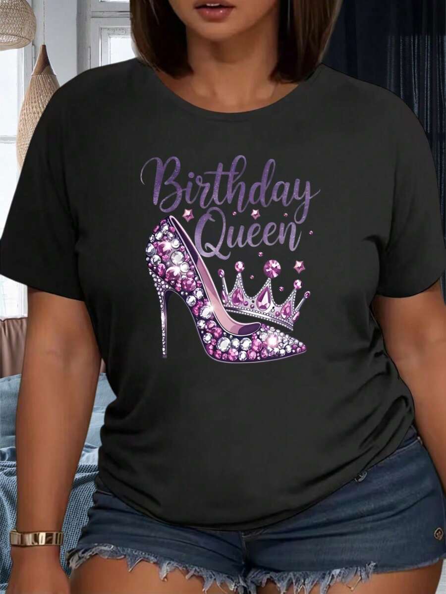 Blusas casuales para dama, camiseta con estampado de corona y tacón alto brillante 'Birthday Queen', camiseta gráfica de moda para mujer, camiseta para fiesta y celebración, 220g, playeras d - Negro - Ver 1