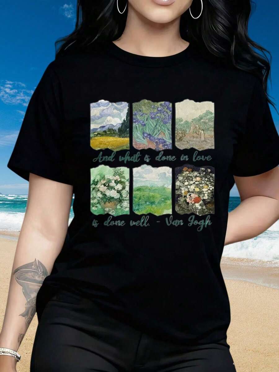 blusas casuales para damaCamiseta de manga corta con cuello redondo para mujerCamiseta con cita de arte de Van Gogh y diseño inspirador de pintura "Lo que se hace con amor se hace bien"Top d - Negro - Ver 1