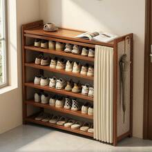 6-Tier Free Standing Shoe Rack, Bamboo & Density Board Storage, Top Shelf For Keys, Front Privacy Curtain, Entryway Doorway Organizer - Brown - View 9