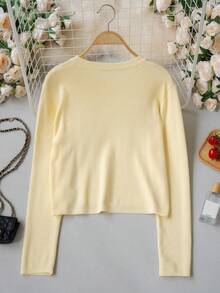 Autumn/Winter Casual Korean Sweet Style Minimalist Round Neck Knit Cardigan, Gentle Elegant All-Match Wear/Outerwear Yellow Fall - Yellow - View 10