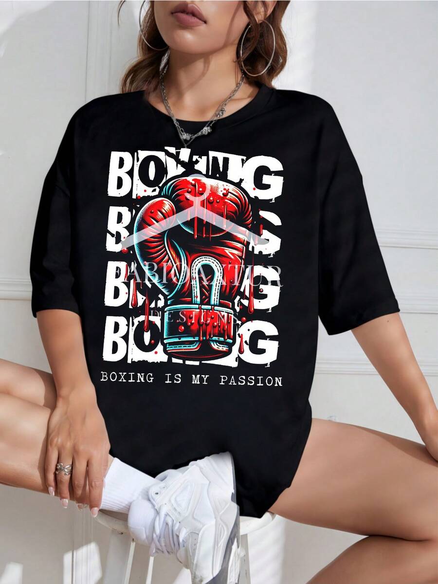 New For 2026: Oversized T-Shirt For Men And Women, Red Boxing Glove And Paint Splatter Design, Loose Fit, Short Black Sleeves, Ideal For The Gym, Training, Etc. - Black - View 1