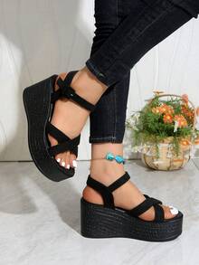 Women's Fashion Wedge Platform Sandals, Spring/Summer New Black High Heel Sandals, Lightweight And Comfortable - Suitable For Shopping, Vacation, Travel, Casual Daily Wear, Women's Buckle Strap Sandals - Black - View 4