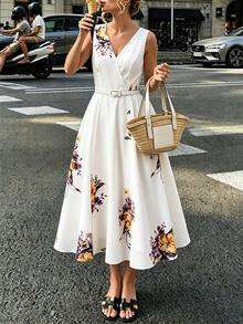 Vuslat Women's Summer White Base Yellow-Purple Gradient Floral Sleeveless V-Neck Belted Waist Flared Midi Dress, Cream White Base Scattered Watercolor Yellow-Purple Large Rose Floral Print Pattern, Smooth Drape Texture, Suitable For Independence Day, Lakeside Boat Trip, Island Vacation, Garden Afternoon Tea, Small Town Street Photography, Light Party Date Outfit, Holiday Wear - Multicolor - View 2
