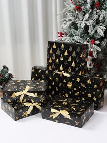 6pcs Christmas Gift Boxes With Ribbons, Black & Gold Christmas Gift Packaging Boxes, Christmas Snowflake Reindeer Snowman Penguin Design Christmas Gift Boxes, Christmas Party Small Gift Boxes, Christmas Gift Packaging Supplies, Home Christmas Decor, Christmas Gifts, Winter Holiday Decor, Seasonal Packaging, Christmas Party Supplies, Christmas Decor, Room Decor, 2027 New Year Decor, Christmas Decor - Christmas Black Gold - View 3