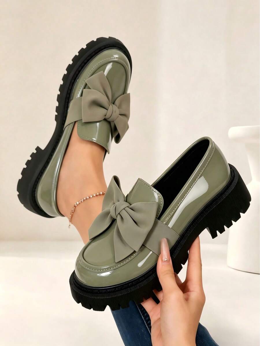 Ladies' Black Patent Leather Thick Sole 4.5cm Round Bow Thick Sole Casual Loafers Casual Fashion Retro Shoes Back To School Season - 綠色 - 查看 1