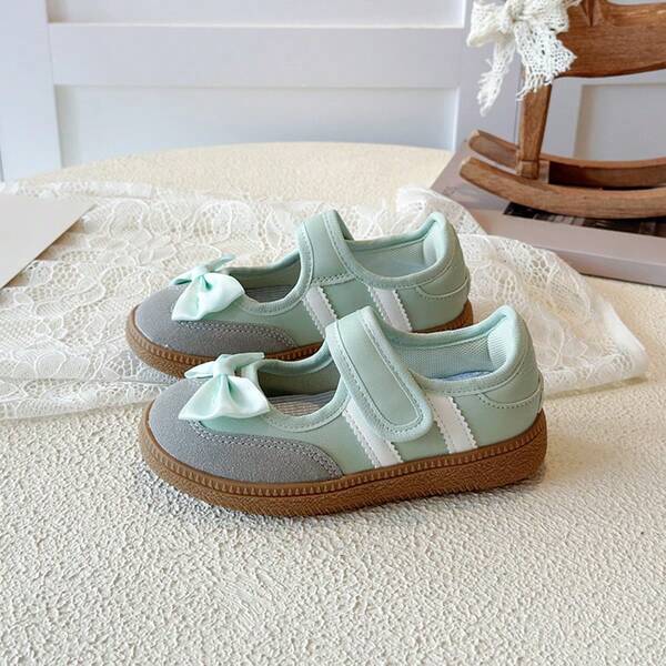 1 Pair Girls' Satin Bow Mary Jane Shoes, 2026 Spring/Autumn New Korean Sweet Soft Sole Hook And Loop Toe Protection Casual Shoes