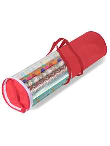 1pc Transparent Gift Packaging Storage Bag With Handle, PVC Wrapping Paper Storage Bag, Easy-To-Carry Cylindrical Container, Transparent Christmas New Year Gift Packaging Organizer Bag - Half Red - View 4