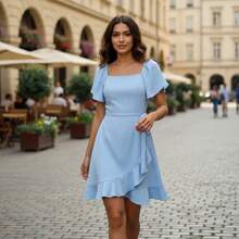 Vestido Corto Casual Ajustado De Mujer De Color Puro - azul claro - Ver 1
