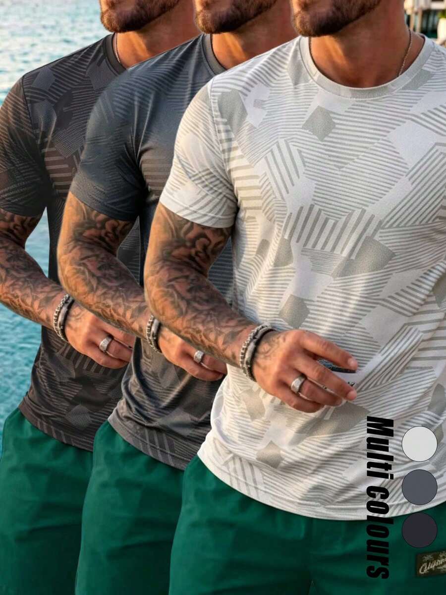 [Summer Style] 3pcs Men's Short Sleeve Camouflage T-Shirts, Ice Silk Fabric, Suitable For Summer Basketball And Running, Half Sleeve Sports - Multicolor - View 1