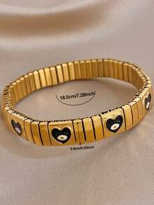 1Pc/Set Golden Stainless Steel Retro Evil Eye Heart Enamel Charm Stretch Bangle Bracelet For Women,Y2K,Daily/Boho/Party,Christmas, Valentine Birthday - Multicolor - View 5