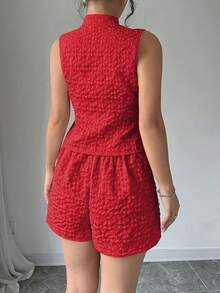Camiseta sin mangas y shorts jacquard liso.Conjunto elegante de 2 piezas.Fresco, moderno y perfecto para looks diarios. - Rojo - Ver 5
